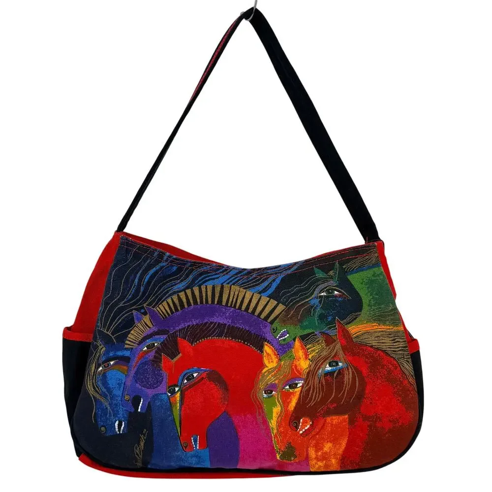Laurel Burch Wild Horses of Fire Medium Hobo Canvas Shoulder Bag Red 14X9X4